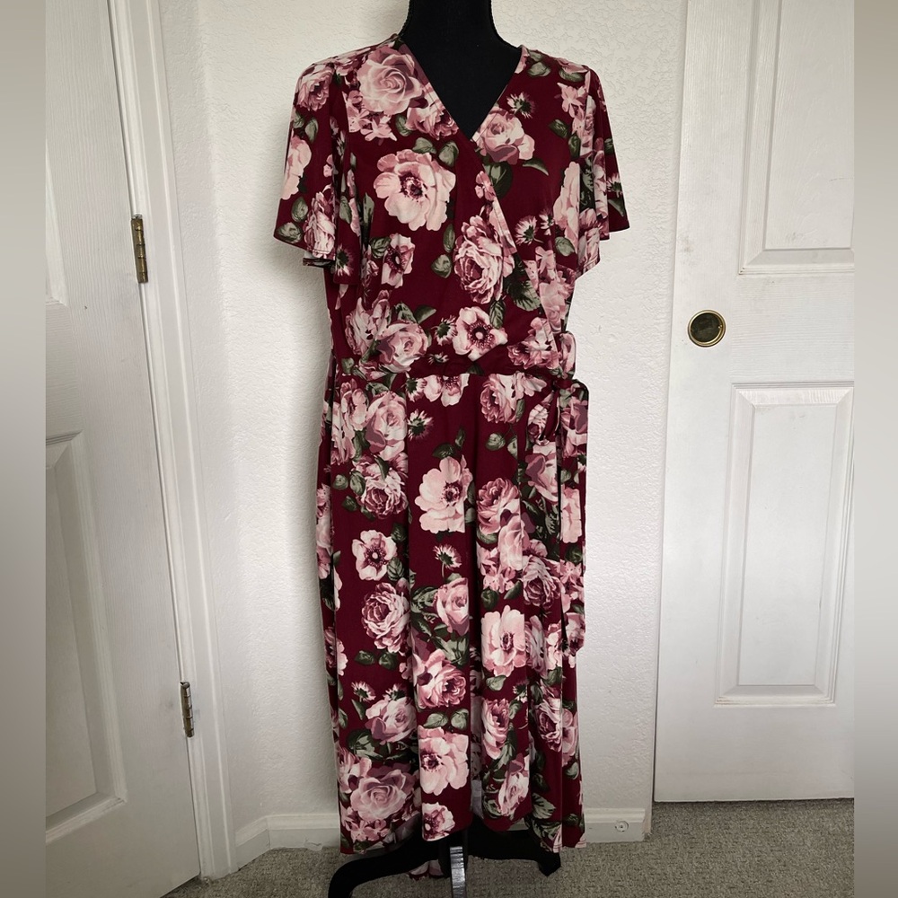 Fortune + Ivy 2X Burgundy Floral Maxi Dress Wrap Style Plus Size